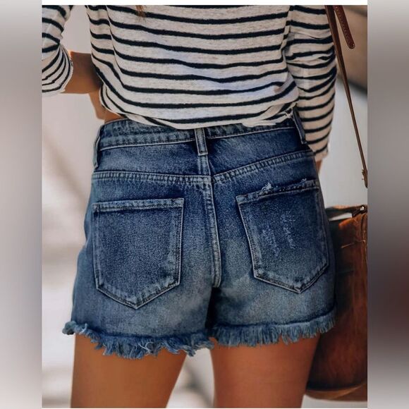 New! Women's denim mid-waist distressed shorts! - Picture 6 of 9